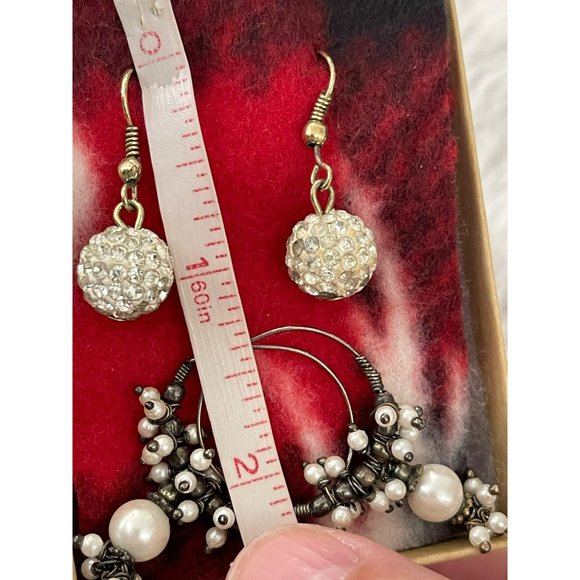 Black/White Beaded Hoop / White Rhinestone Round Dangle Earrings - 2 Pairs - Picture 10 of 12